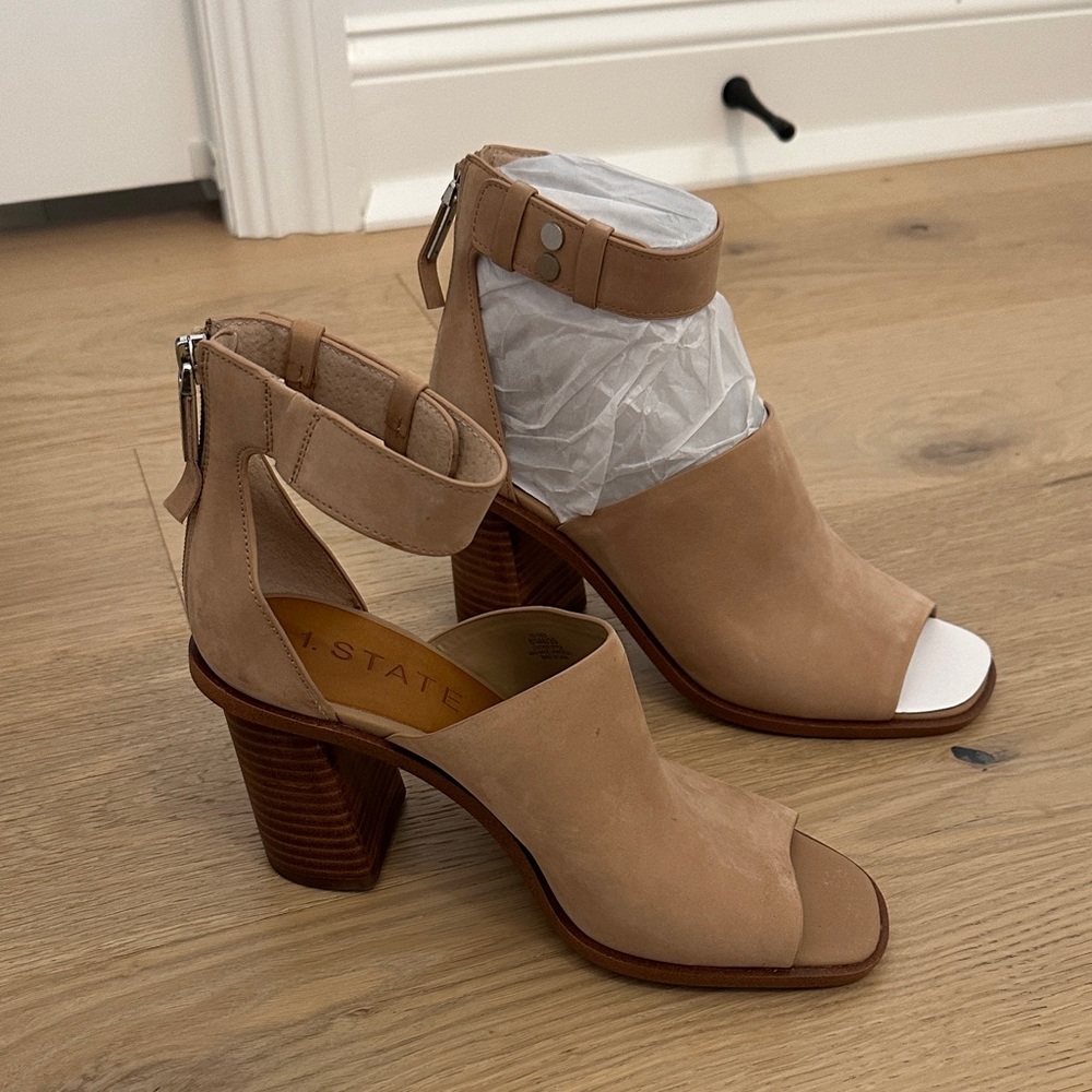 STATE Tan Peep-Toe Heeled Boots